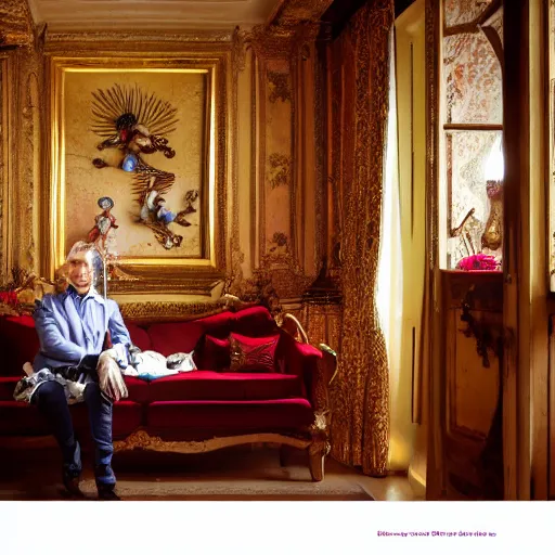 Prompt: rodrigo hidalgo the count of barcelona, entering his room, tired face, room decorated with silk, peacock statues, expensive ornaments, his wife sits on the sofa, film still, global illumination, radiant lighting, hyper realistic, award winning dslr photography, intricate environment