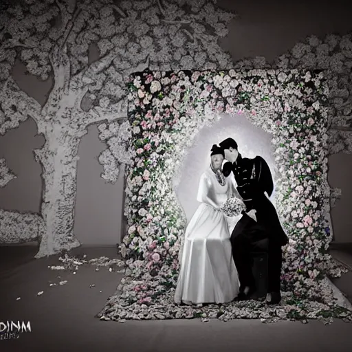 Image similar to A wide full shot, colored black and white Russian and Japanese mix historical fantasy a photograph portrait taken of inside a royal wedding floral covered venue inspired by a enchanted ethereal forest, 1907 photo from the official wedding photographer for the royal wedding.