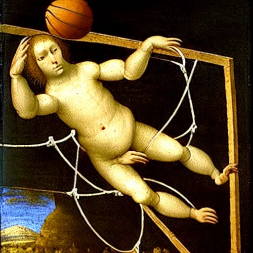Image similar to a davinci painting of a cat dunking a basketball into a net