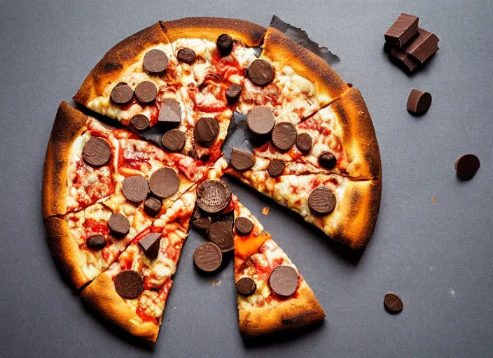 Prompt: mouthwatering New York pizza with pieces of chocolate on, food photography