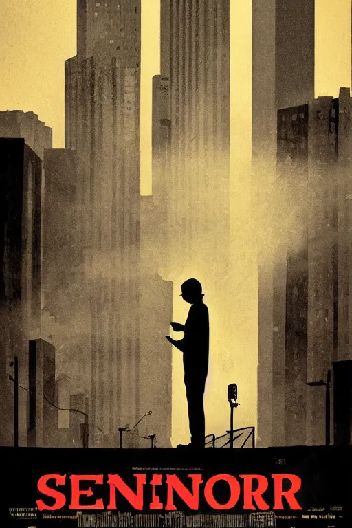 Prompt: an award - winning movie poster for a movie called senor featuring a junkie making a payphone call in a thunderstorm in queens at night in the 1 9 9 0 s with the new york city skyline in the distance