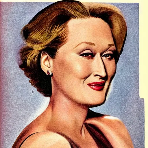 Image similar to “Meryl Streep portrait, color vintage magazine illustration 1950”