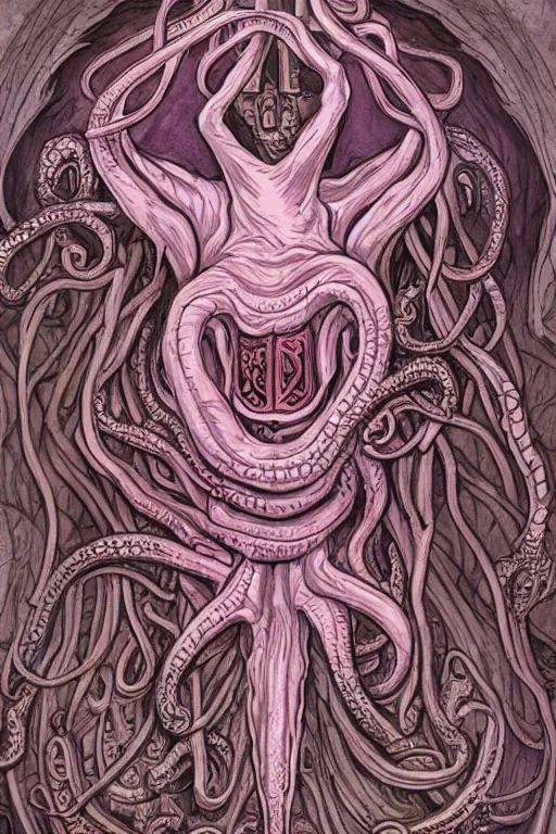 Prompt: ancient eldritch horror, mind flayer, illithid, concept art, digital art, tarot card, highly detailed, ornate border, in the style of dungeons and dragons, old school