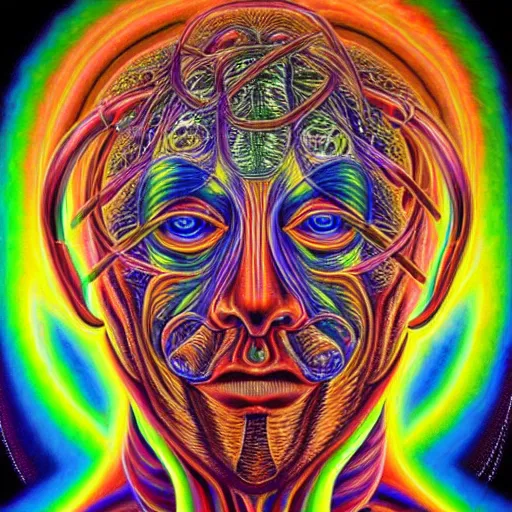 Image similar to realistic detailed image of the human consciousness contained in a vessel that is a vast holographic universal mind by Alex Grey, Terence McKenna, and Adam Jones, Psychedelic, sacred geometry, rich deep colors. Alex Grey Painting, part by Cameron Grey. masterpeice