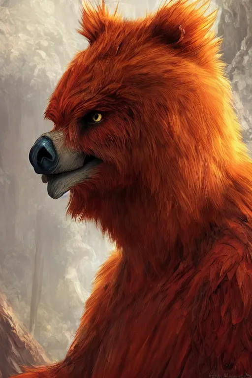 Image similar to a beautiful closeup shot from a fantasy film of a humanoid red owlbear wearing a loose tunic. an anthropomorphic owlbear. fantasy, frown, intricate, elegant, highly detailed, digital painting, artstation, concept art, matte, sharp focus, illustration, art by artgerm and greg rutkowski and alphonse mucha