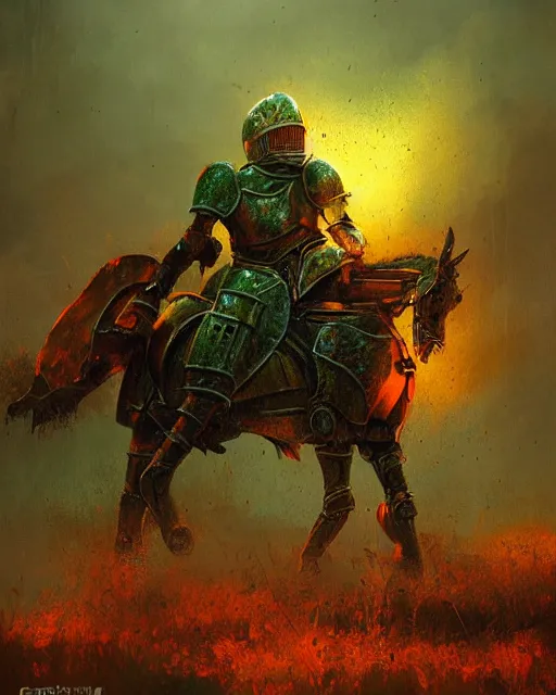 Image similar to Hyper realistic painting of a knight in a rusted full plate armor, green and orange rust, hyper detailed, thunderstorm, midnight, volumetric lighting, creepy atmosphere, by greg rutkowski