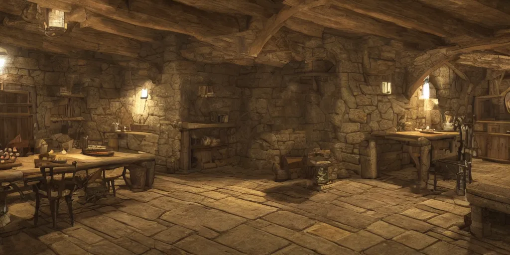 Image similar to medieval cottage interior, unreal engine