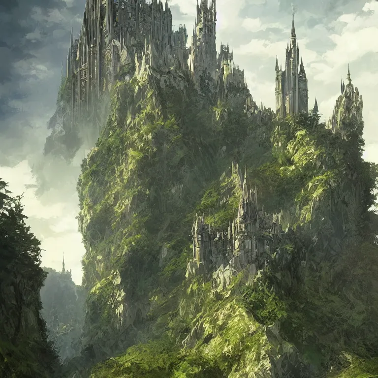 Prompt: digital art painting of tolkien inspired high castle with wizard towers and walls, elegant architecture on top of a green forest, artstation art by greg rutkowski and alphonse mucha