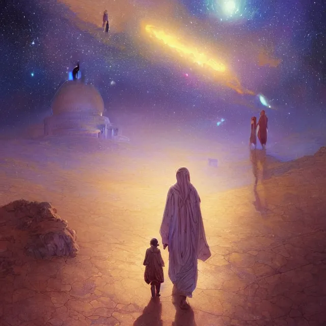 Image similar to bedouin man and woman and child in galaxy walking towards mosque surrounded by nebula, highly detailed, gold filigree, romantic storybook fantasy, soft cinematic lighting, award, disney concept art watercolor illustration by mandy jurgens and alphonse mucha and alena aenami, pastel color palette, featured on artstation