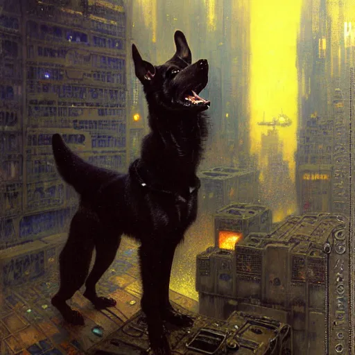 Image similar to portrait black german shepard dogman humanoid bipedal canine neuromancer. spaceship futuristic city. shadowrun cyberpunk fantasy d & d painting by gaston bussiere craig mullins jc leyendecker gustav klimt artgerm greg rutkowski john berkey, bergey, craig mullins, ruan jia, raymond swanland, tom lovell