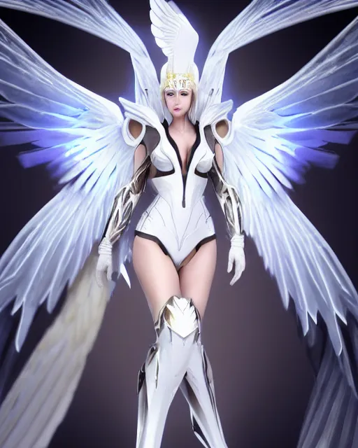 Image similar to perfect white haired attractive egyptian goddess with huge white dove wings, warframe armor, beautiful, symmetric, dreamy, half asian, pretty face, blue eyes, detailed, scifi platform, charlize, experiment, 4 k, ultra realistic, epic lighting, android body, illuminated, cinematic, masterpiece, art by akihito tsukushi, voidstar