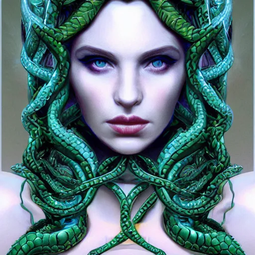 Image similar to detailed portrait of the queen of snakes, realism, pale blue, emerald, sapphire, wearing a crown of vines, nest of vipers, dark fantasy, dim moonlight, dramatic lighting, cgsociety, artstation