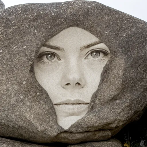 Prompt: big rock solid stone with the emerging face of emma stone buried inside the stone rock