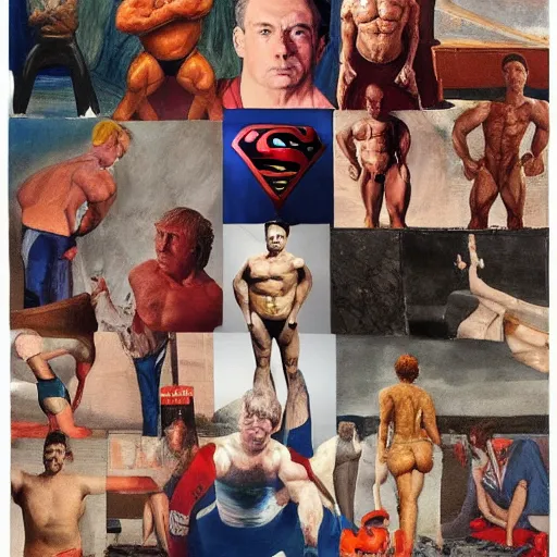 Image similar to ripped physique Portrait Donald trumpwearing a superman costume lucian freud odd nerdrum john hoyland greg rutkowski chris cold andrew wyeth niel welliver peter doig robert rauschenberg mark ryden