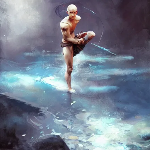 Image similar to avatar aang in water bending, jeremy mann painting