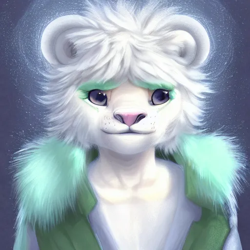 Image similar to aesthetic portrait commission of a albino male furry anthro lion wearing a cute mint colored cozy soft pastel winter outfit, winter atmosphere. character design by chunie, kristakeshi, sigmax, ross tran