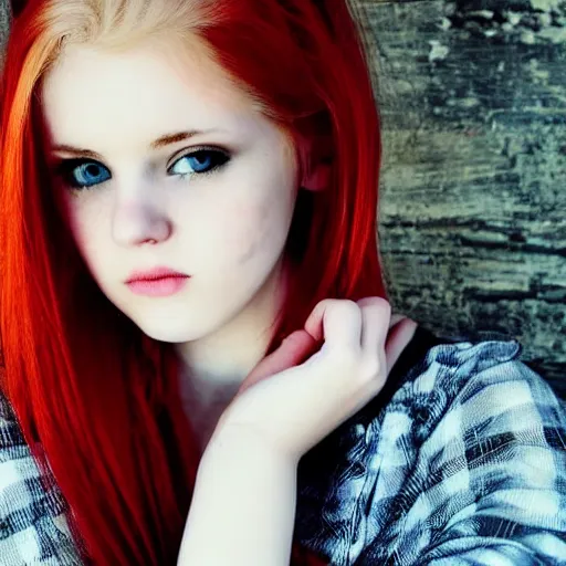 Image similar to photoshoot portrait of a teen emo girl, blonde and red hair, flawless features, pale skin, beautiful beautiful beautiful secret selfie, tyftt, prime