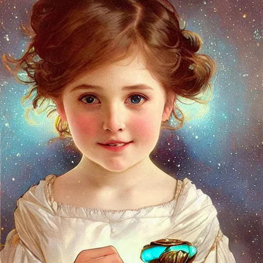 Prompt: a cute little girl with a round cherubic face, blue eyes, and short wavy light brown hair smiles as she floats in space with stars all around her. She is wearing a turquoise dress. Beautiful painting by Artgerm and Greg Rutkowski and Alphonse Mucha