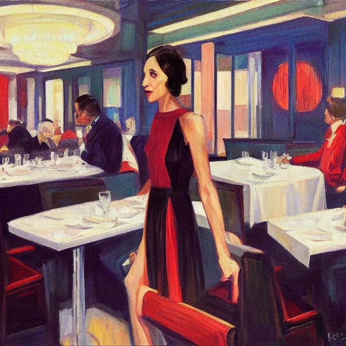 Image similar to Anthony Hopkins Gal Gadot, at art deco restaurant, open ceiling, highly detailed, painted by Edward Hopper, painted by James Gilleard