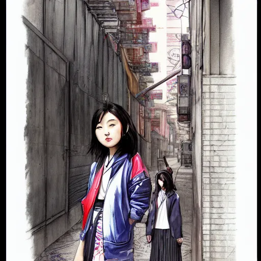 Image similar to a perfect, realistic professional digital sketch of a Japanese schoolgirls posing in a cyberpunk alleyway, style of Marvel, full length, by pen and watercolor, by a professional American senior artist on ArtStation, a high-quality hollywood-style sketch, on high-quality paper