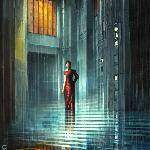 Prompt: beautiful woman, courtyard, capital, cybermosque interior, control panel, watcher, omniscient, tech noir, wet reflections, impressionism, matte painting, speed painting, chiaroscuro, oil on canvas