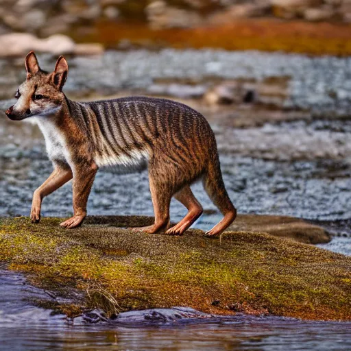 Image similar to close up photo of a rare thylacine, drinking water from a lake in tasmania, bokeh, 1 0 0 mm lens, 4 k award winning nature photography. masterpiece