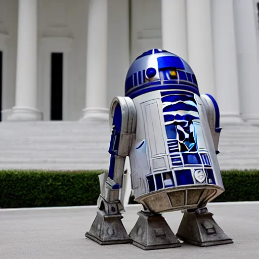 Prompt: portrait of r 2 - d 2 and c 3 p 0 in front of the whitehouse