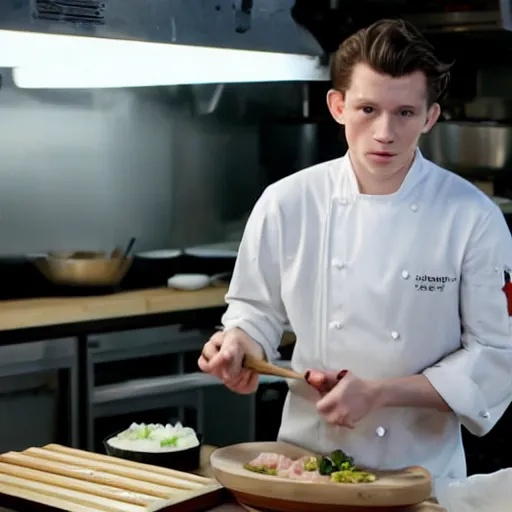 Prompt: Tom Holland with a beard as a chef making sushi, Cinematic shot, studio lighting