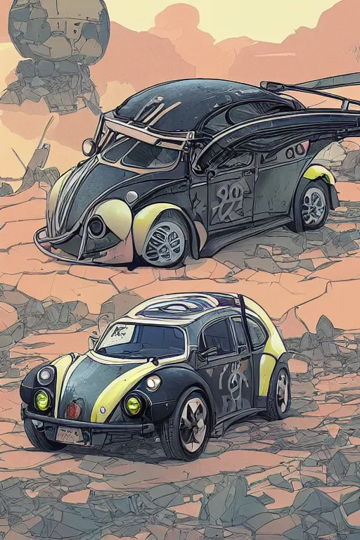 Prompt: Type 1 Beetle car designed by Aplle that looks like it is from Borderlands and by Feng Zhu and Loish and Laurie Greasley, Victo Ngai, Andreas Rocha, John Harris