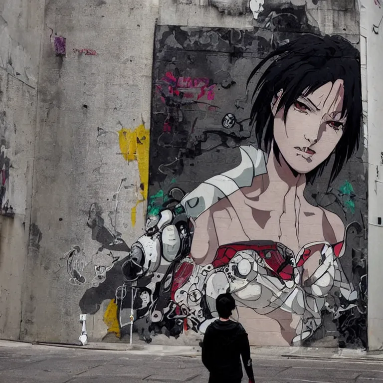 Image similar to Street-art painting of ghost in the shell is style of Banksy, photorealism