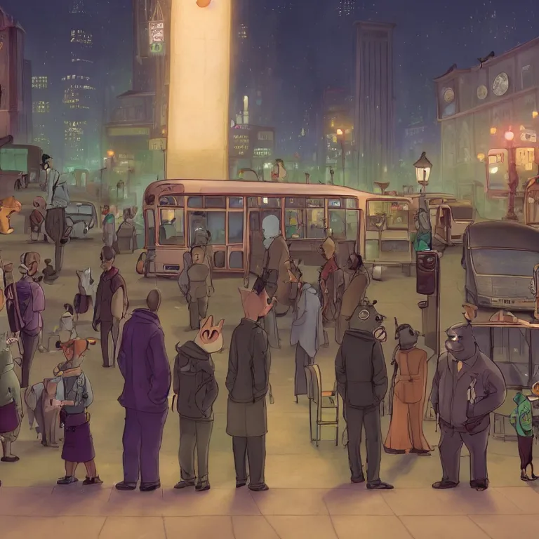 Prompt: few people waiting in a bus stop in dark city night, screenshot from Zootopia