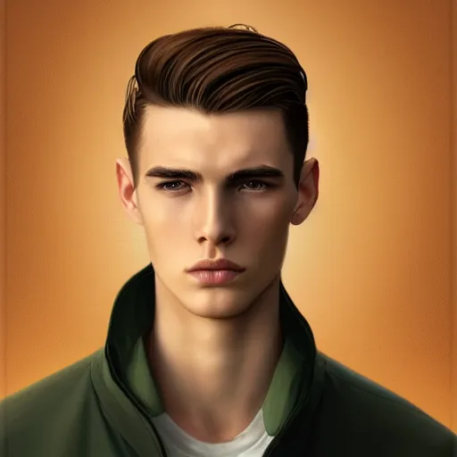 Prompt: man in his twenties with brown blond short quiff hair and thin slightly round facial structure with cleft chin, straight eyebrows and prominent nose, good definition of cheekbones, big hazel nut brown eyes, narrow face, slim body, atmospheric lighting, painted, intricate, 4k, highly detailed by Charlie Bowater