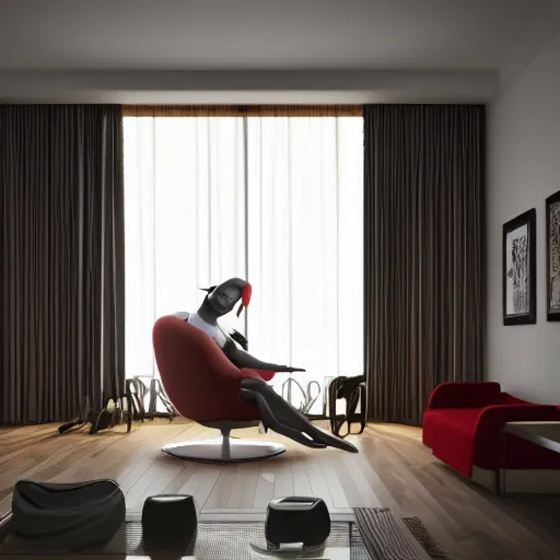 Prompt: high resolution concept art of an apartment living room overlooking a large futuristic city with floor to ceiling windows and mid century modern furniture and a sad clown sitting on the couch cinematic lighting cgsociety