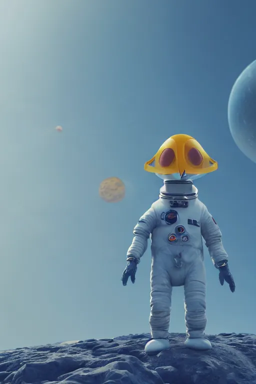 Prompt: a lonely chicken wearing a space suit without helmet in a alien planet, profile picture, digital art, concept art, trending on DeviantArt, highly detailed, high quality, 4K, cartoon, high coherence, path traced, blue sky in the background, octane render, digital painting, no helmet, masterpiece, anatomically correct