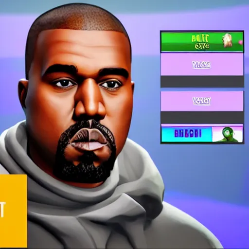 Image similar to kanye west in fortnite lobby 3 d avatar skin