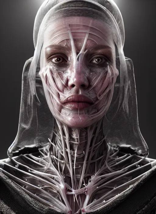 Image similar to 3 / 4 portrait, queen emma with transparent skin, visible muscle and bones and veins and nerves, hyperrealism, detailed textures, photorealistic 3 d cyberpunk apocalyptic city, futuristic clothing and helmet, ultra realistic, cinematic, intricate, cinematic light, unreal engine 8 k, octane render, unreal engine by david kostic and stanley lau and artgerm