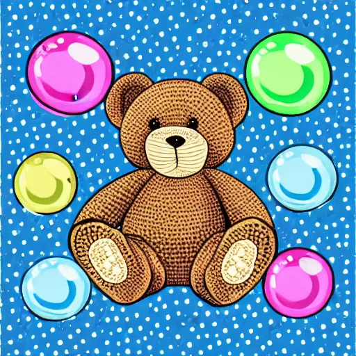 Prompt: teddybear surrounded by bubbles, vector art, crochet, cute, art print, lithography