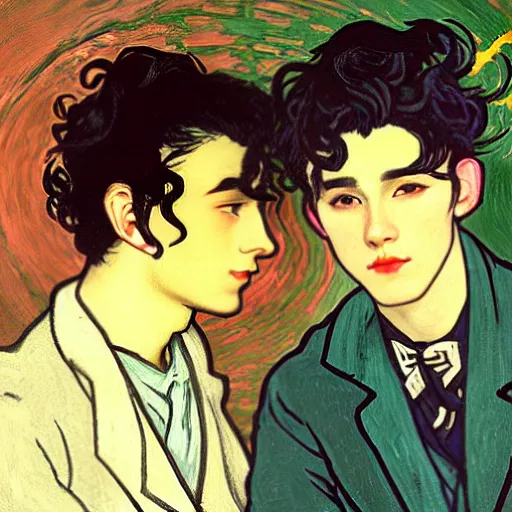 Image similar to painting of young cute handsome beautiful dark medium wavy hair man in his 2 0 s named shadow taehyung and cute handsome beautiful min - jun together at the halloween! party, bubbling cauldron!, candles!, smoke, autumn! colors, elegant, wearing suits!, delicate facial features, art by alphonse mucha, vincent van gogh, egon schiele