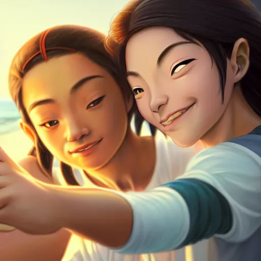 Image similar to beautiful serene intricate portrait of katara and toph beifong taking a selfie, smiling softly, relaxing on the beach, golden hour, soft focus, 8 k, art by irakli nadar, hyperrealism, hyperdetailed, ultra realistic