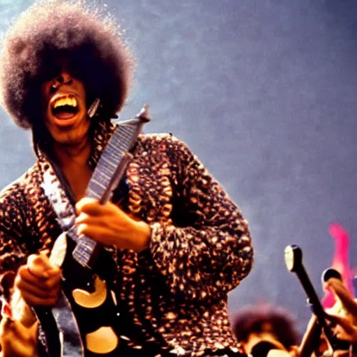 Image similar to a person in a Godzilla costume as Jimi Hendrix performing on stage at Woodstock, photo