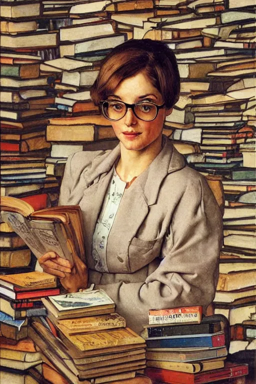 Prompt: a woman with light brown hair and glasses in front of high piles of books. beautiful painting by norman rockwell and raymond swanland, beautiful detailed face.