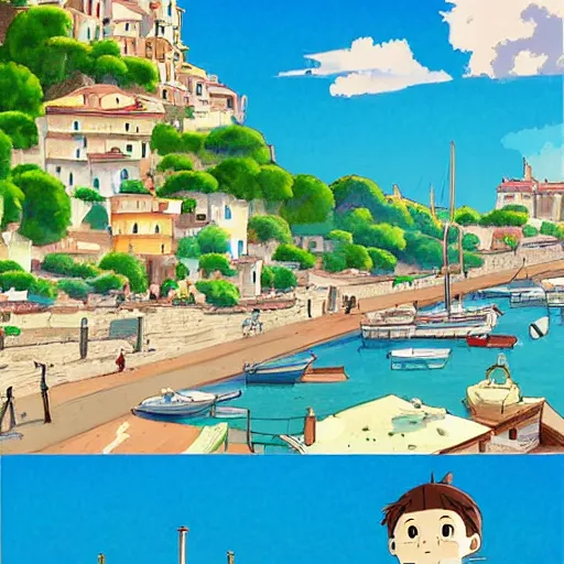 Image similar to artwork of a coastal city in Italy in the style of Studio Ghibli