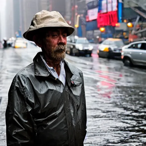 Prompt: closeup portrait of a man fishing in a rainy new york street, photography, time magazine