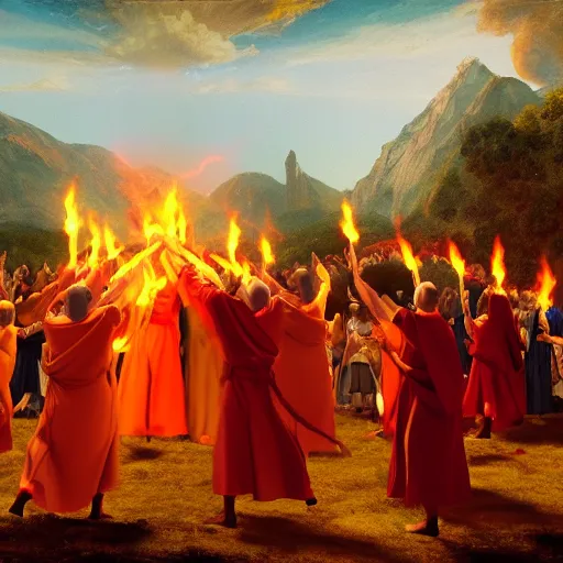 Image similar to medieval monks dancing around fire, pagan ritual, painting by Frederic Edwin Church, octane rendering, warm moody lighting, wide angle lens, in the style of Pixar, fire fills the sky,