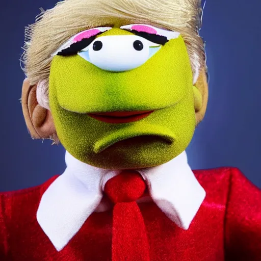 Image similar to Donald Trump realistic Muppet puppet, wide lens, diorama, 4k,