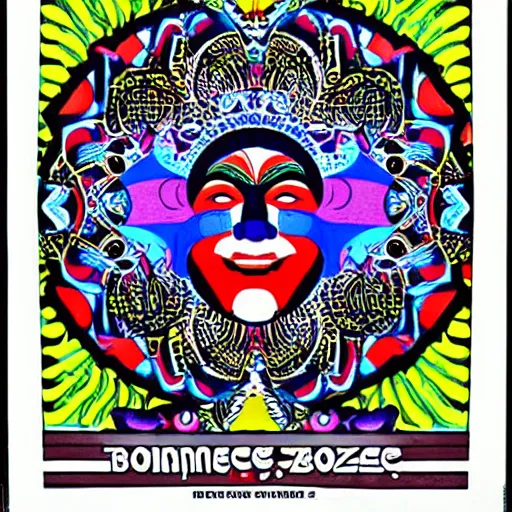 Image similar to Fillmore concert poster for The Bozone April 20, 1969 by Victor Moscoso and S. Clay Wilson, psychedelic, intricate paisley filigree Bozo the clown. red clown nose, mandala, day-glo colors, flowing lettering