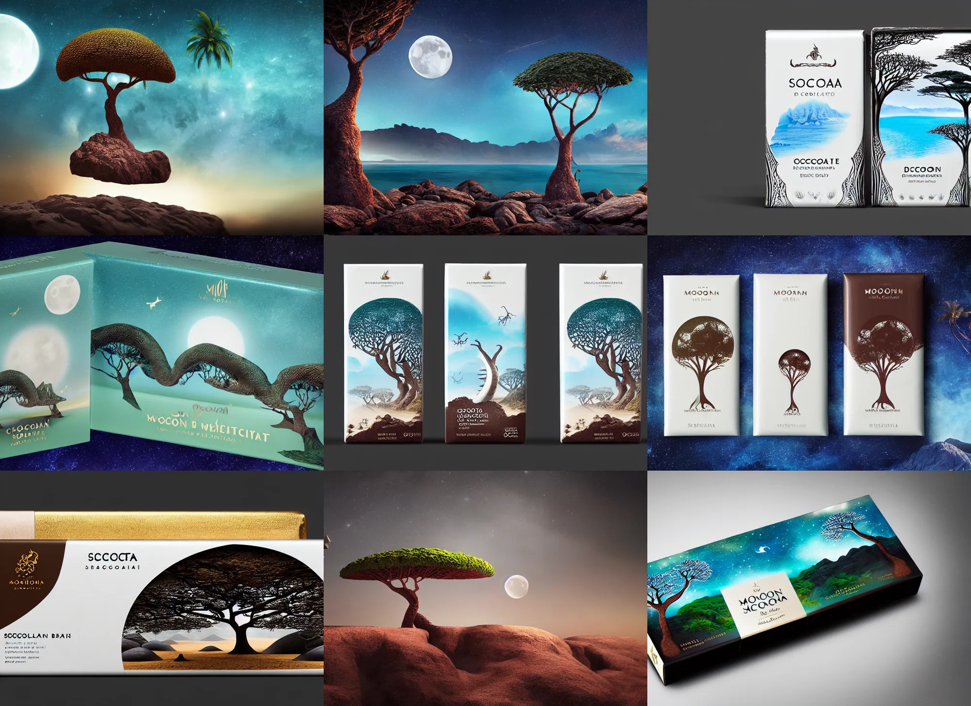 Prompt: moonlit socotra island with dragon trees inspired conceptual designer chocolate bar packaging, label design, behance, packaging of the world, award, front label, packaging design, octane render