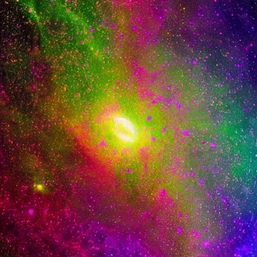 Image similar to Particles of iridescent, multi-colored goo spreading across the galaxy microphotography 8k