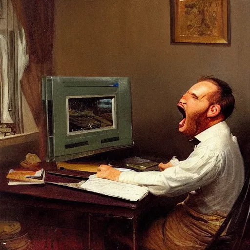 Image similar to an angry man yells at his computer monitor, oil on canvas, 1 8 8 3, highly detailed