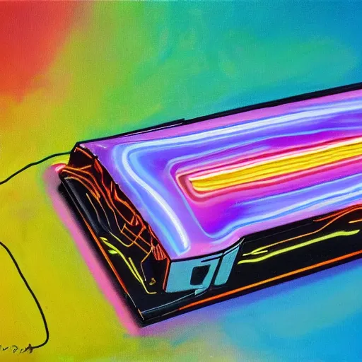 Image similar to a painting by Wayne Thiebaud of an Nvidia GPU that has caught on fire, neon gradient, highly detailed Nvidia GPU on fire, Nvidia GPU caught fire